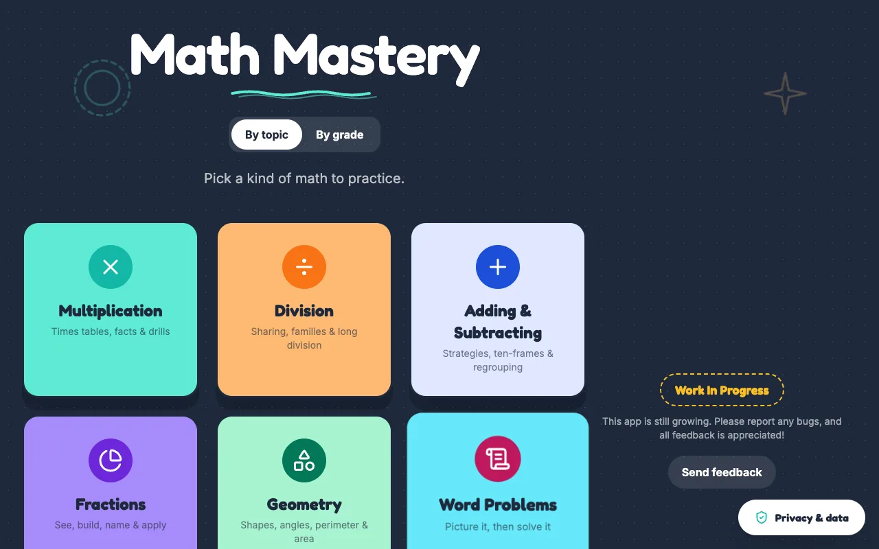 Math Mastery practice menu with rooms for multiplication, division, adding and subtracting, fractions, geometry, and word problems