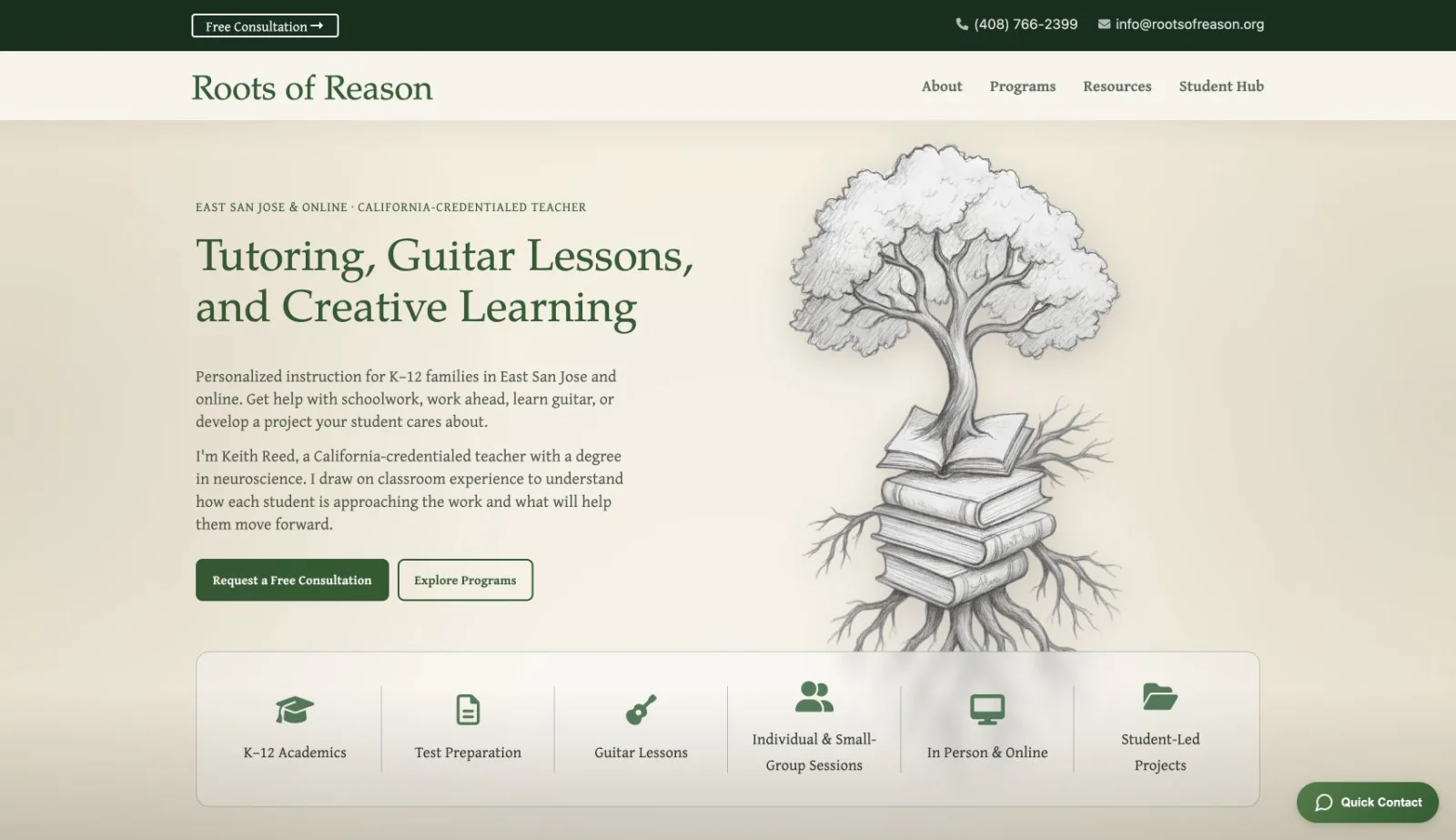 Roots of Reason tutoring homepage with a tree illustration